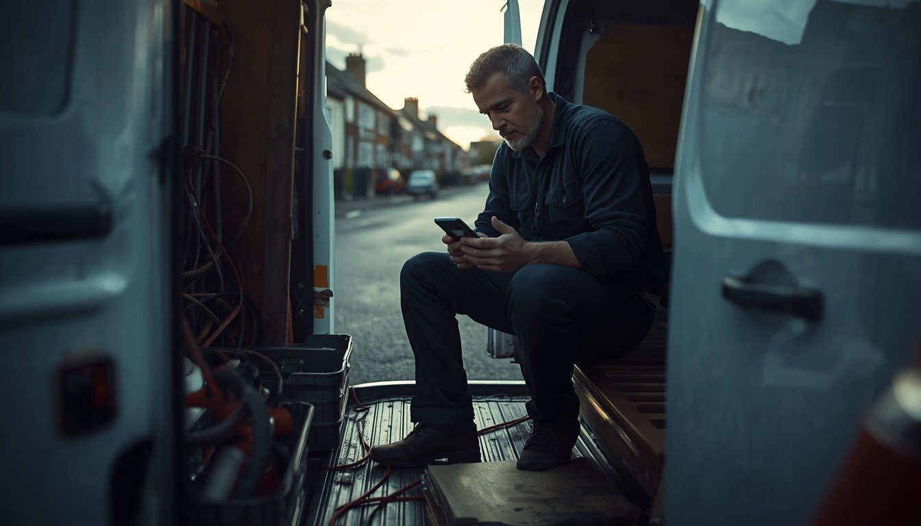 google business profile setup — Luton plumber checking his business category on a phone beside his van