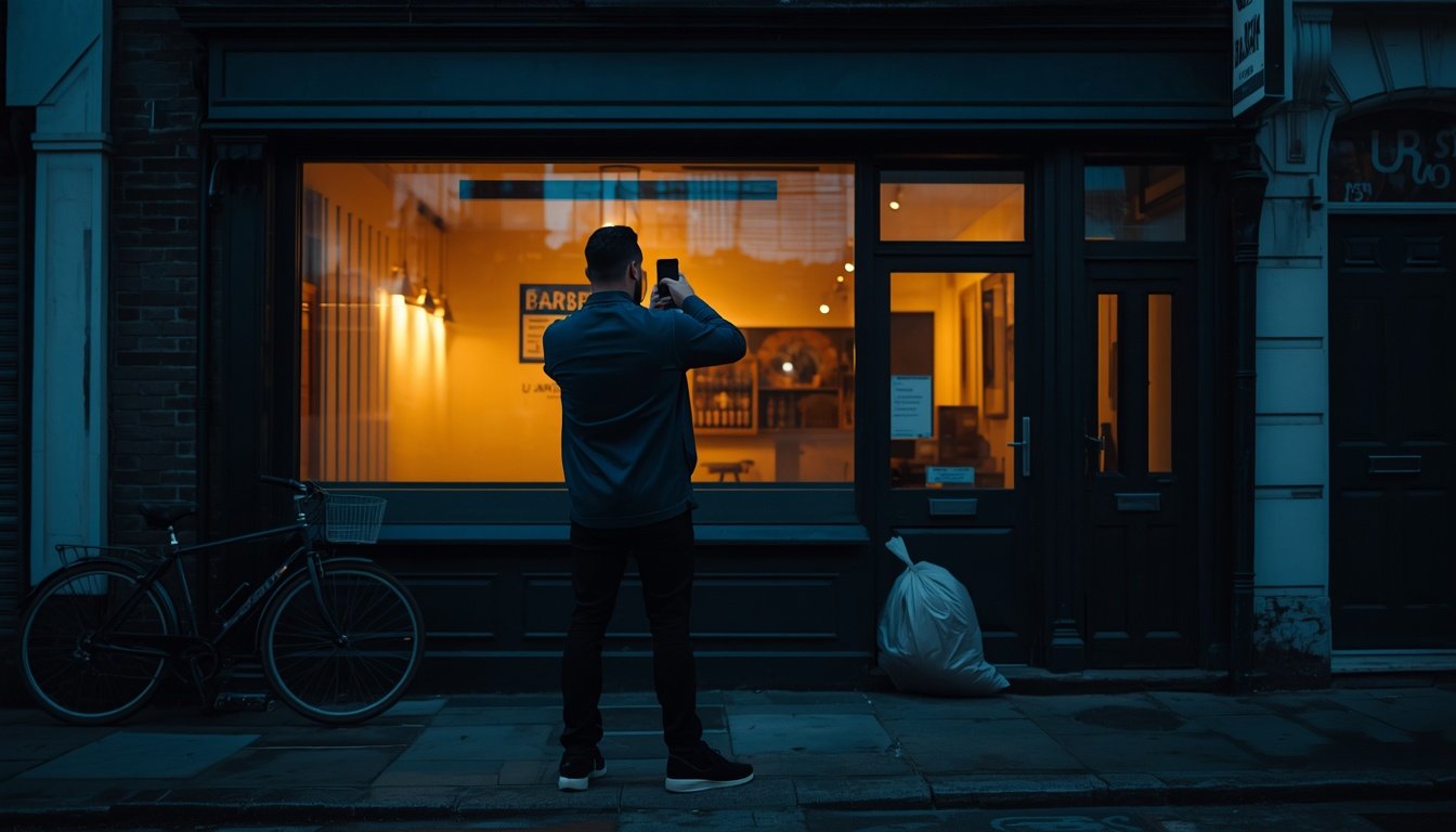 google business profile setup — East London barber photographing his shopfront for his business profile